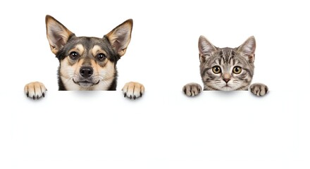 Obraz premium Adorable Dog and Cat Peeking Over a White Sign Awaiting Your Message