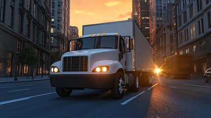 Obraz premium White Semi-Truck Driving Through City at Sunset