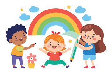 Cartoon Kids with Rainbow, Clouds, and Flower Pot on White Background, Cute Smiling Art