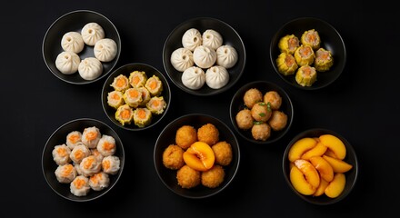 Assorted Delicious Dim Sum Dishes: Steamed Buns, Siu Mai, Meatballs, and Peaches