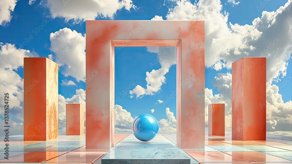 Poster futuristic empty product display with a blue sphere and clouds dynamically flying around