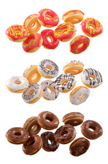 Assorted donuts with colorful icing, sprinkles, and chocolate isolated on white transparent background. 3d rendering and illustration of dessert variety