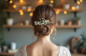 Elegant wedding hairstyle, back view of bride in white dress. Stylish updo, adorned with floral hair accessory. Bridal hair inspiration for ceremony. Focus on refined details. Romantic, gentle,