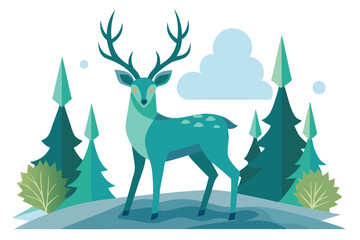 Fototapeta premium Flat Design Turquoise Deer with Antlers and Evergreen Trees on White Background