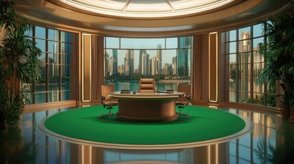Futuristic virtual TV studio with a vibrant green screen, designed for dynamic video content