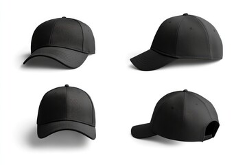 Blank black baseball hat mockup, different views. AI generated illustration.