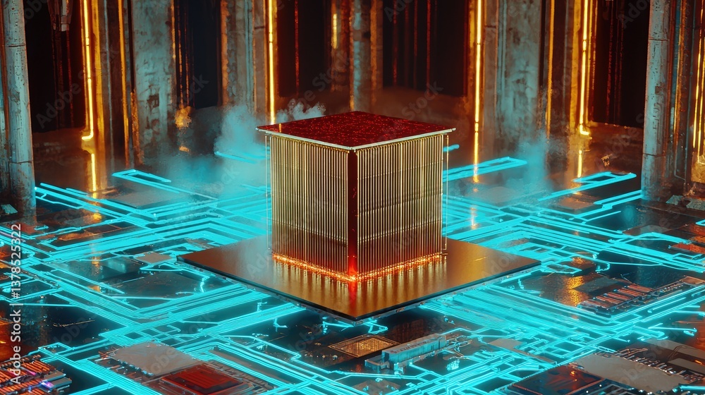 Poster glowing ai processor embedded in a high-tech circuit board, blue neon lines connecting to futuristic