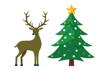 Flat of Christmas Tree with Star Topper and Reindeer on White