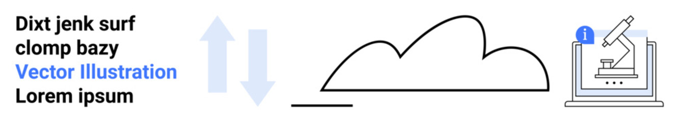 Microscope on computer screen, cloud icon, arrows, and placeholder text. Ideal for science, cloud computing, data analysis, research, technology online studies and simple landing page