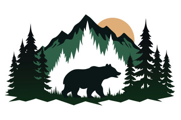Forest Silhouette Walking Bear, Pine Trees, Mountains, Nature Landscape