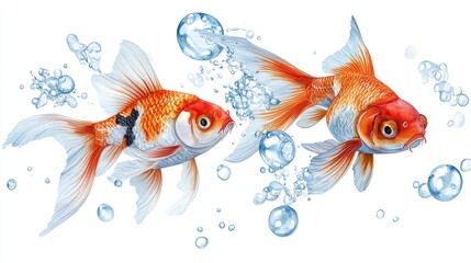 Hand-painted watercolor goldfish with flowing fins, surrounded by gentle floating bubbles