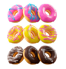 Assorted donuts with colorful icing, sprinkles, and chocolate isolated on white transparent background. 3d rendering and illustration of dessert variety