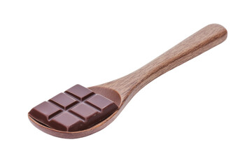 Wooden spoon with chocolate squares isolated on white background, cut out