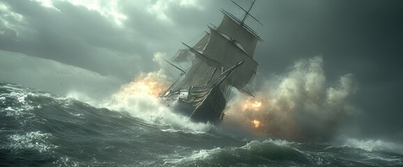 Fototapeta premium Ship battles tumultuous sea under a stormy sky, amidst churning waves and turbulent weather