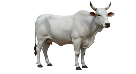 Standing white cow with short horns on a clean background