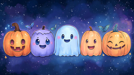 Fototapeta premium A ghost and pumpkin sticker set with cute expressions and vibrant colors