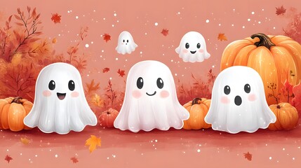 Obraz premium Floating ghost stickers with a warm autumn color scheme in a Halloween theme