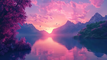 A futuristic city skyline rises against a vibrant sky filled with colorful clouds, reflecting hues of pink,