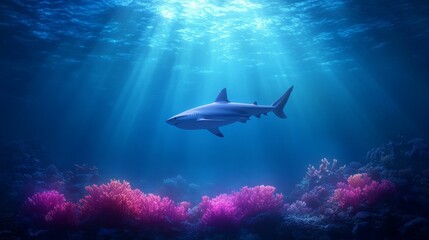 Naklejka premium Majestic Shark Gracefully Swims Over Vibrant Coral Reef in Sunlit Ocean