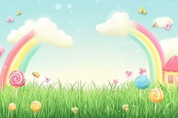 Candyland background with rainbow and candy house. AI generated illustration.