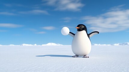 Fototapeta premium Adorable Penguin Playing with Snowball in Antarctic Landscape
