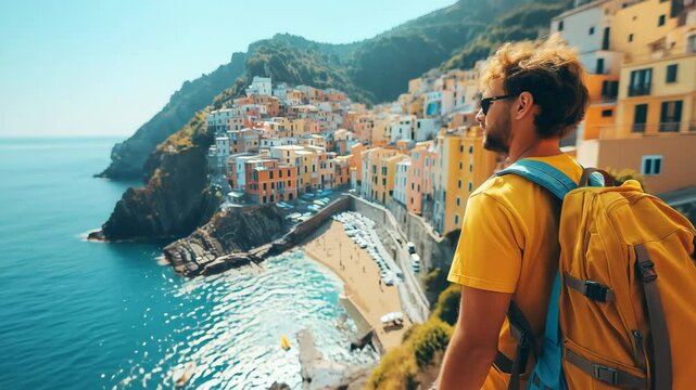 Man with yellow backpack enjoys stunning coastal view in colorful village during sunny day in Italy