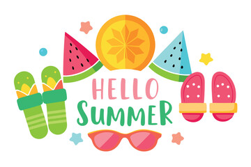 Fototapeta premium Hello Summer Fruits Sandal Star Sunglasses on White Background Flat Design