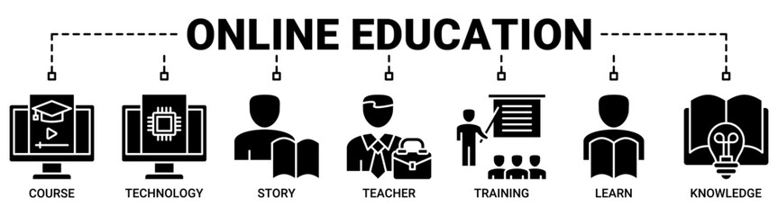 Online education banner web icon vector illustration concept with icons solid black color symbol background.