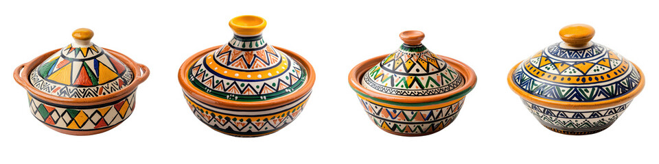 Collection of vibrant handcrafted ethnic pottery bowls with decorative lids showcasing intricate geometric patterns and vibrant colors