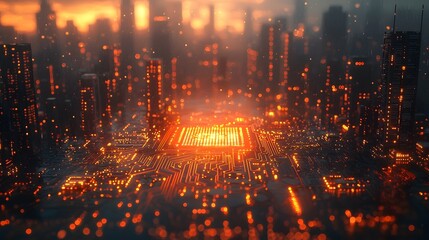 Glowing digital circuit board seamlessly blending into a city skyline