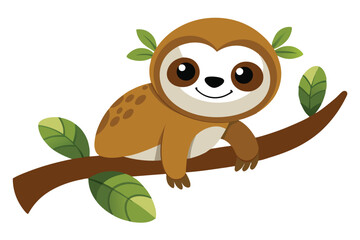 Obraz premium Cartoon Sloth Perched on Branch with Leaves on White Background Animal