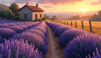 Lavender field, farmhouse at sunset. Purple flowers rows, peaceful countryside scenery, scenic nature. Summer landscape, aromatic herb farm, Provence region, idyllic travel destination.