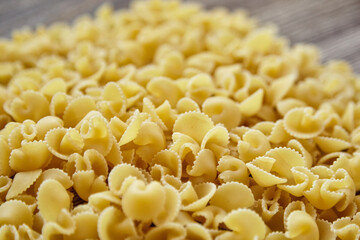 Side view of uncooked funghetti pasta with curled, ridged shapes in shallow depth of field, creating a soft textured background in warm golden tones