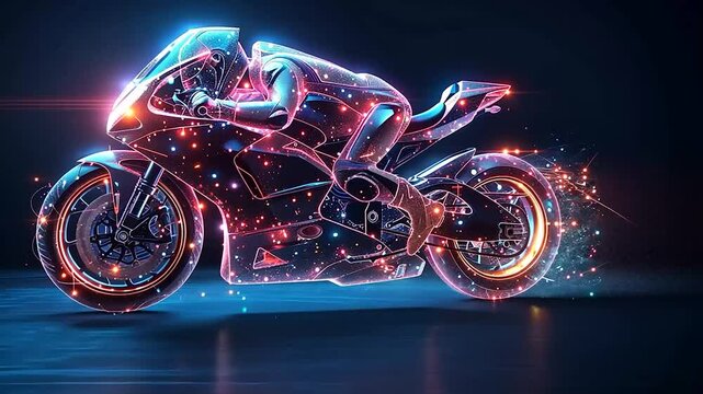 Glowing motorbike rider in dynamic pose