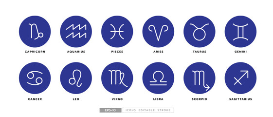 Zodiac symbols illustrate with vector icon set, compose of Aries, Taurus, Gemini, Cancer, Leo, Virgo, Libra, Scorpio, Sagittarius, Capricorn, Aquarius and Pisces. Astrology and constellation concept.