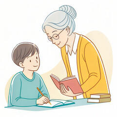 Grandmother helping grandson with homework in a cozy setting  