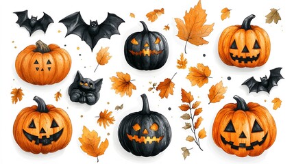 A pumpkin and bat sticker set with soft textures and bright autumn colors