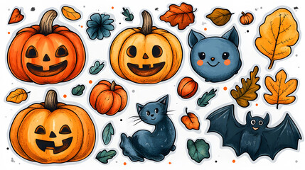 A pumpkin and bat sticker set with soft textures and bright autumn colors