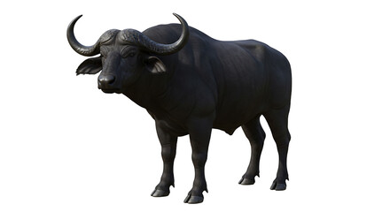 Standing African Buffalo with Large Horns Isolated on White Background