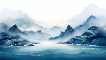 3D rendering watercolor illustration painting background, floating ocean landscapes and mountrain range.