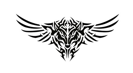 Tribal Wolf Tattoo Design with Wings Spreading Outward in Black Ink