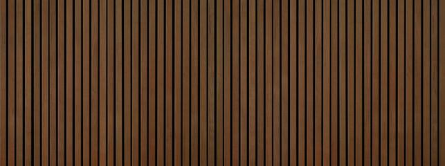 Obraz premium Long Panorama Wooden Background Banner - Brown Wooden Acoustic Panels, Seamless Vertical Plank Texture Wall Texture.