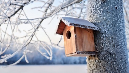 birdhouse for birds on a tree in frost in winter in frost