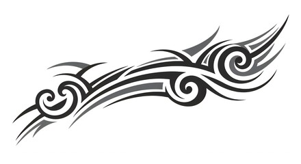 Stylized Tribal Tattoo Design with Swirls and Sharp Lines in Black