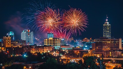 Obraz premium Spectacular Fireworks Display Over Urban Cityscape at Night Illumination