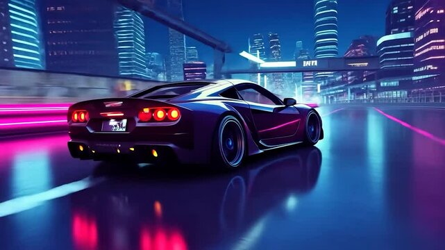 Sleek sports car speeding through vibrant city at night