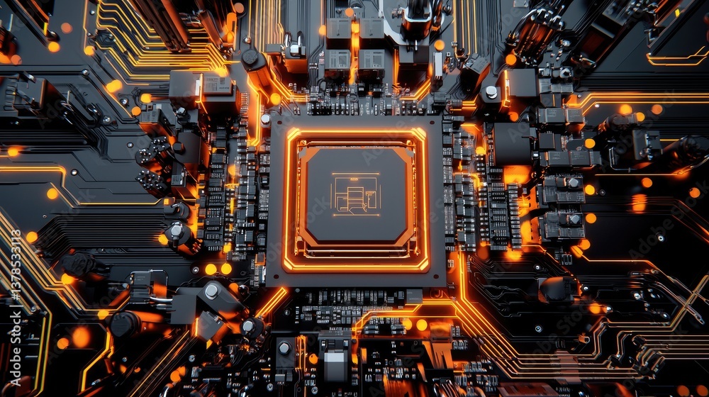 Poster neon-lit ai processor embedded in a complex motherboard with cybernetic patterns