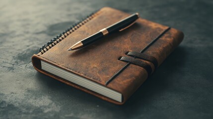 Brown Leather Journal And Pen On Dark Gray Surface