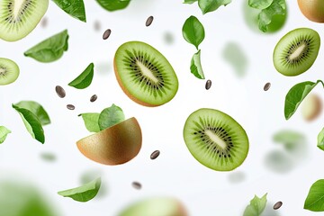 Kiwi fruit slices and leaves in motion