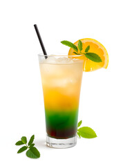 Fototapeta premium A refreshing, colorful layered cocktail with citrus and mint garnishes is on a white background.